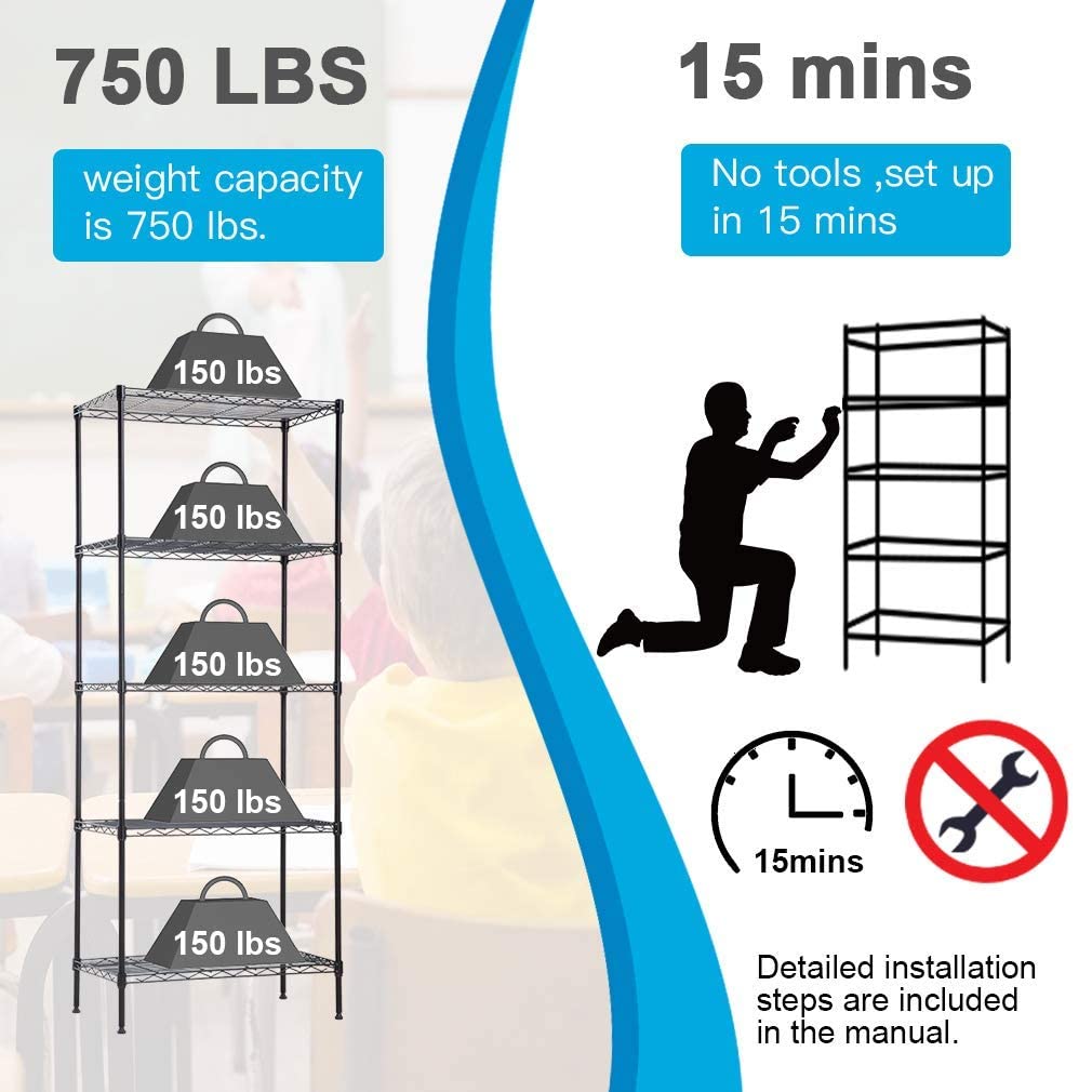 Wire Shelving Unit Metal Shelf Organizer Heavy Duty Wire Rack Storage Unit Rack Utility for Bathroom Office Kitchen (Black, 14" D x 24" W x 60" H)