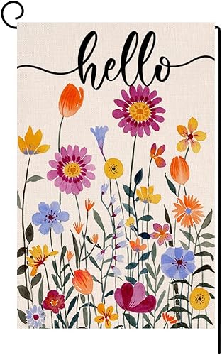 Bandera de jardín floral con texto en inglés Hello Spring de 12 x 18 pulgadas, vertical, de doble cara, flores coloridas de verano, casa de campo,