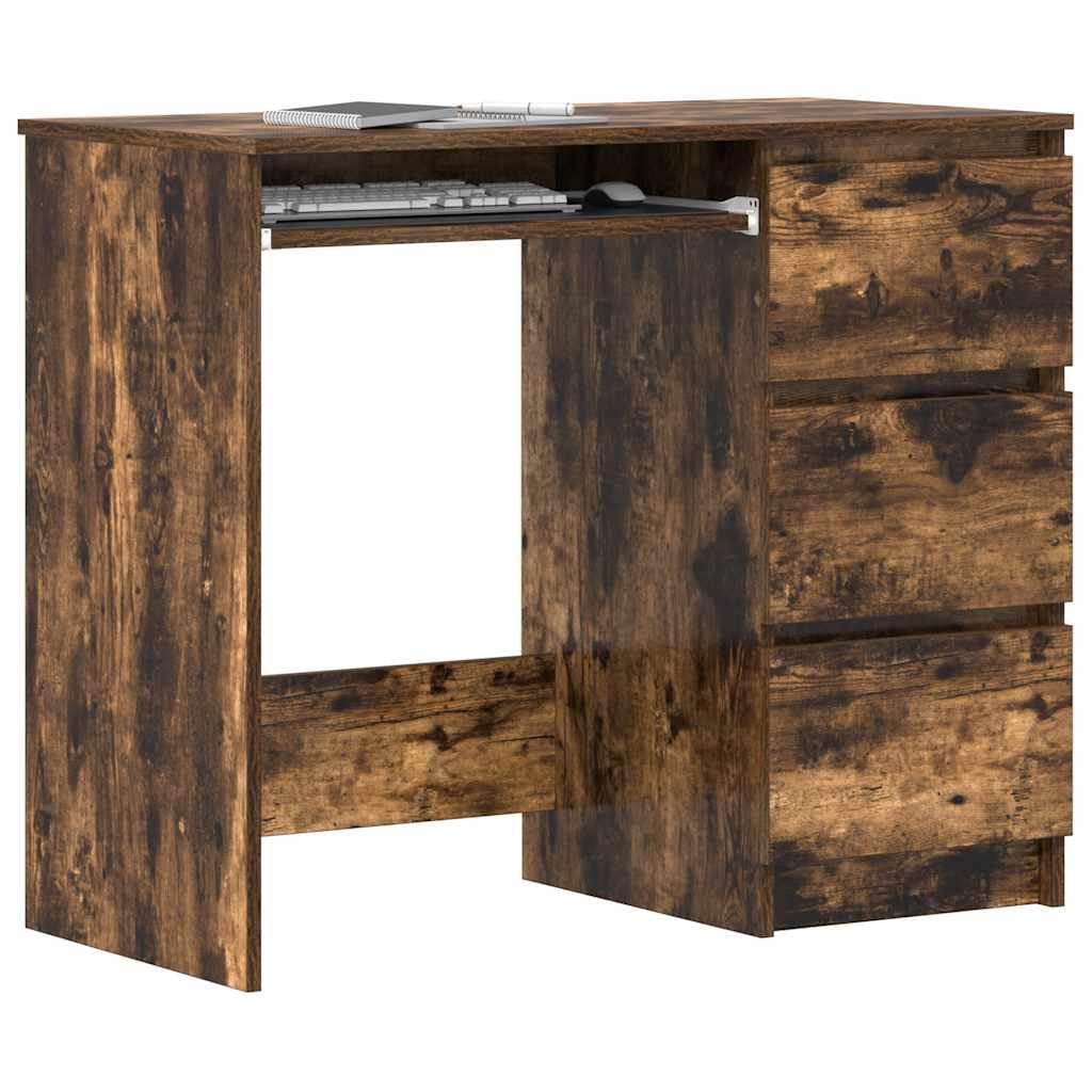 Scrivania in legno di quercia affumicata, 90 x 45 x 76 cm, con 3 cassetti, scrivania da ufficio per computer, scrivania per ufficio, postazione di lavoro, spazio per raccoglitori e documenti