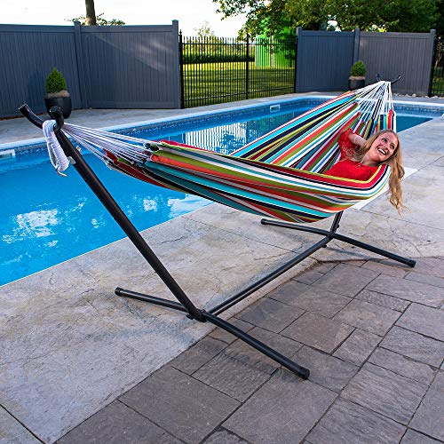 Vivere Double Cotton Hammock with Space Saving Steel Stand, Upgraded Polyester End Strings 450 lb Capacity - Premium Carry Bag Included - (Carousel Confetti)
