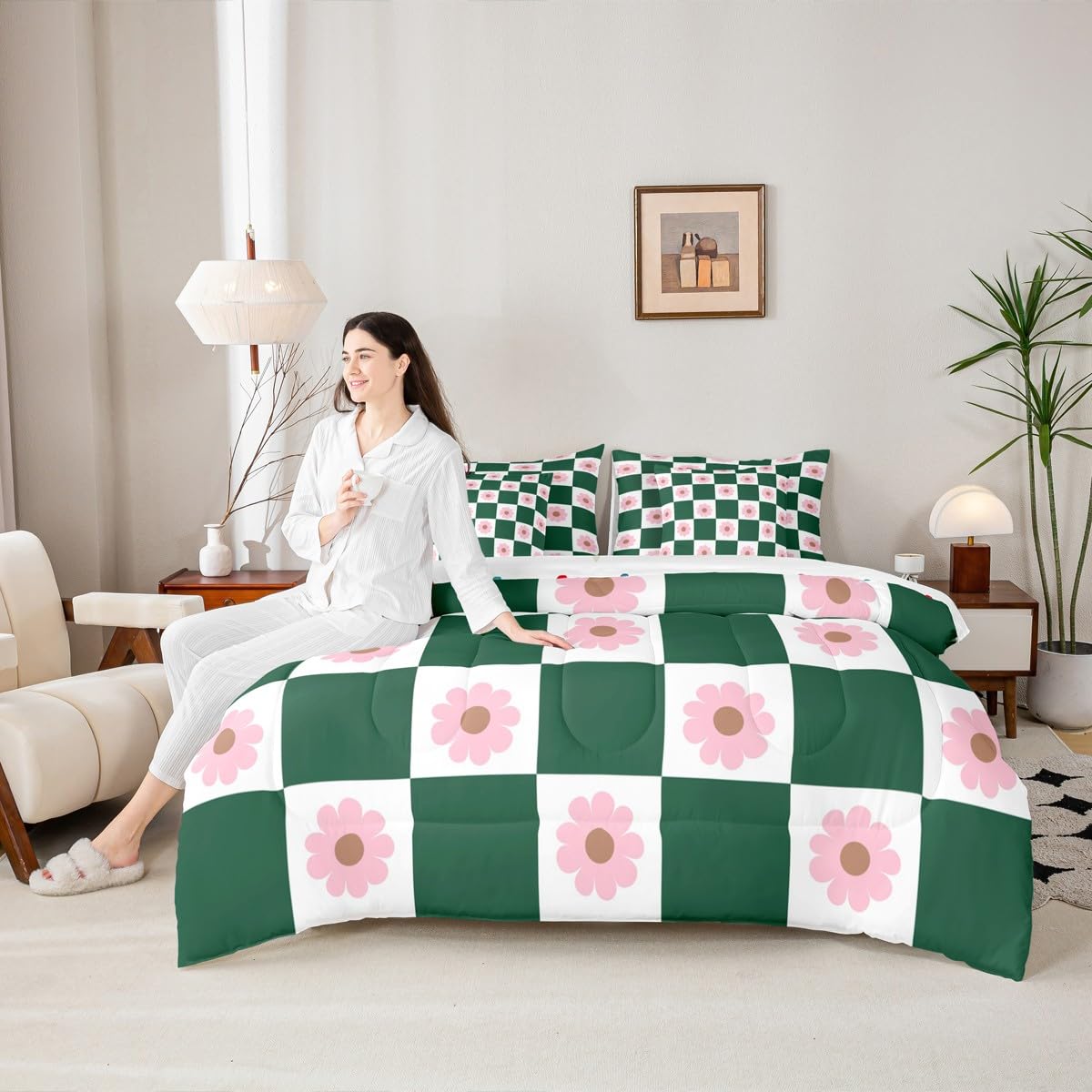 Couette romantique motif floral vert et parure de lit 7 pièces Manfei premium