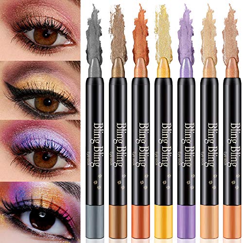 LSxia 7 Colors Glitter Eyeshadow Stick Colorful Set, Shimmer Glitter Pearl Cream Eye-Shadow Stick Metallic Eyeshadow Crayon, Shiny Colored Long Lasting Sticks Eyeshadow Pen Eye Makeup -Set B