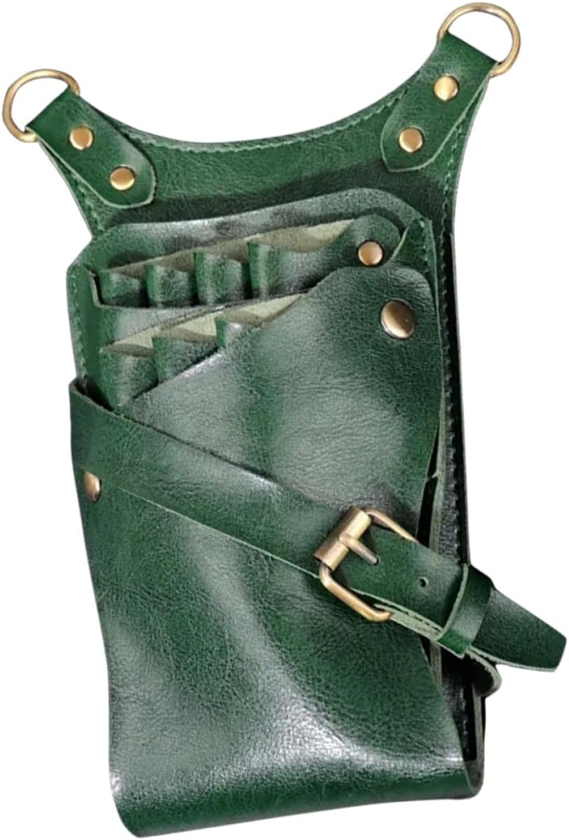 Hairdresser Waist Bag with Scissor Sheath and Comb Organizer, Green Leather Hair Tools Storage Pouch for Professional Hairstylists and Barbers