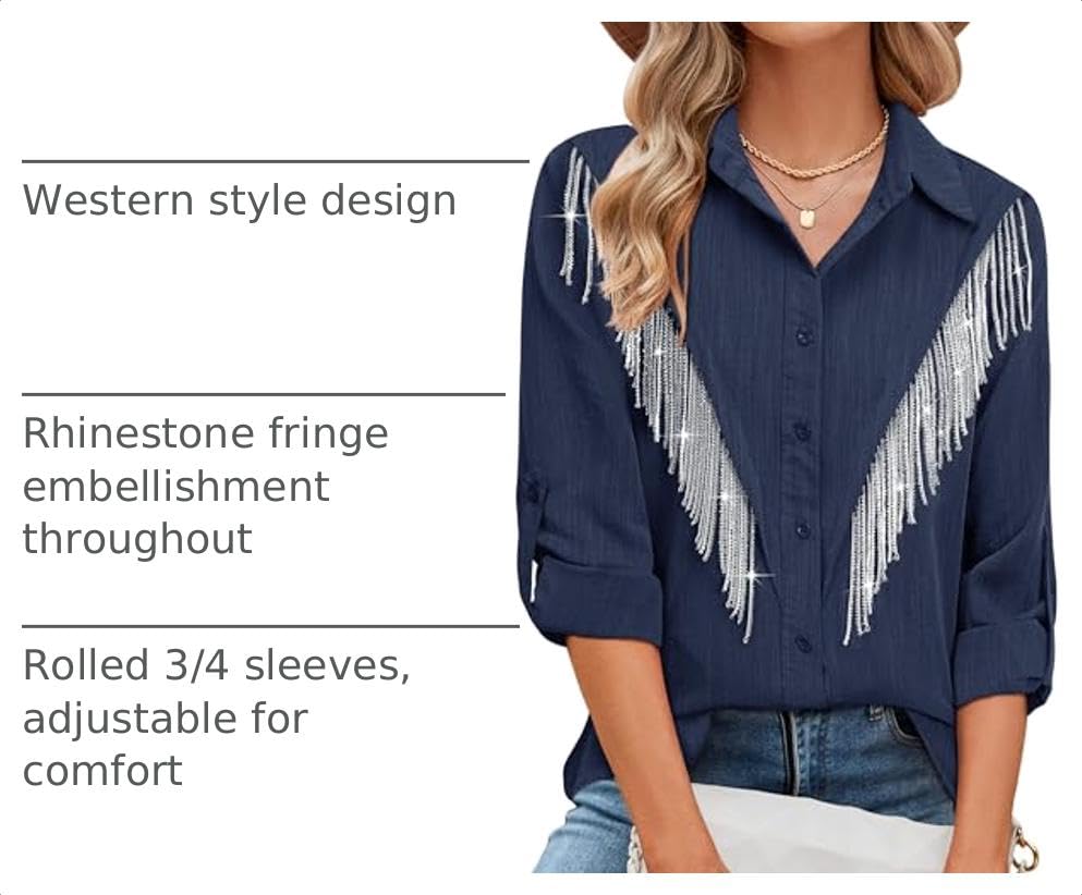 Image of MYMORE Womens Sparkly Fringe Shirt Western Cowgirl Country Concert Outfit