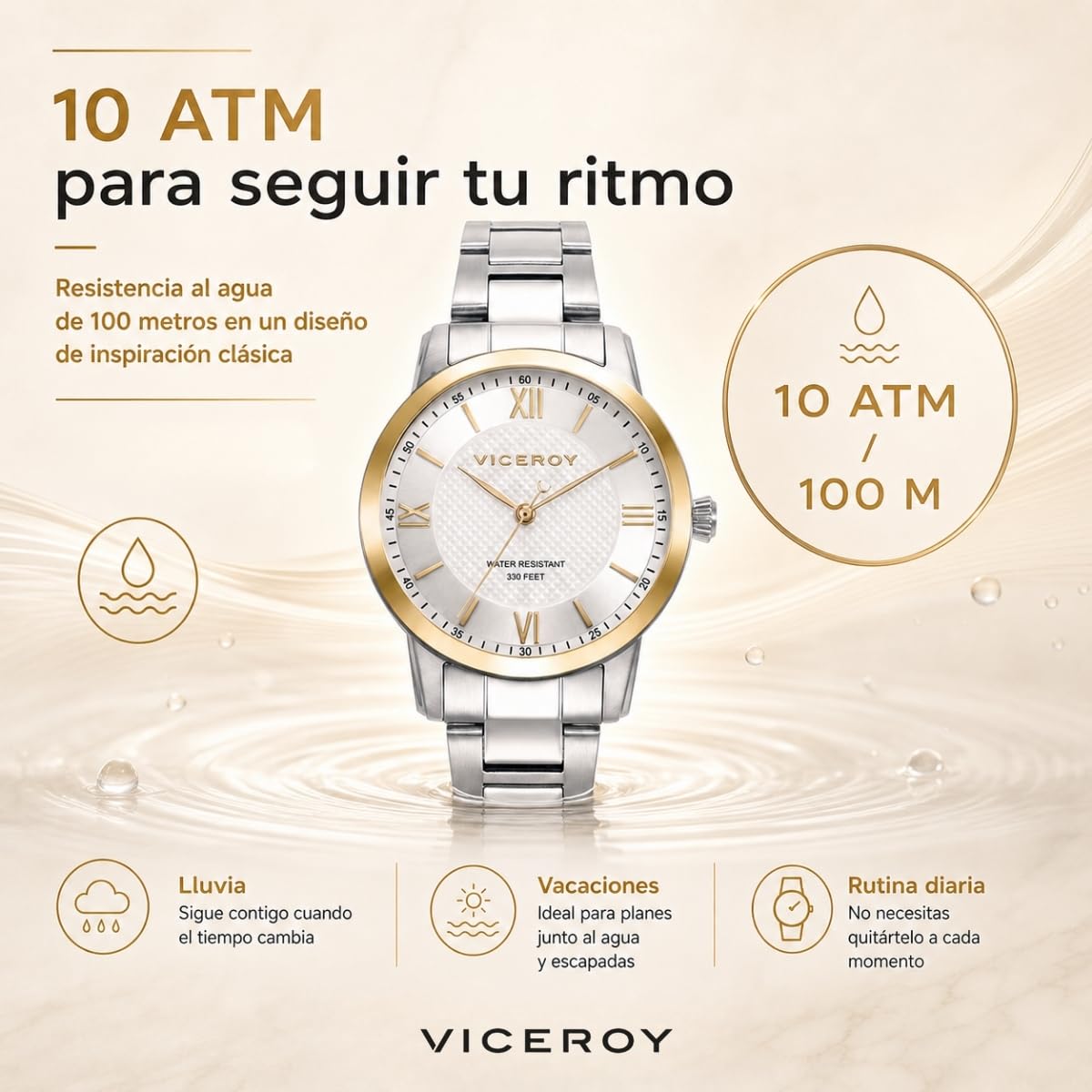 Viceroy Reloj Mujer Elegante de Acero Inoxidable - 34 mm - Movimiento de Cuarzo - Bisel Dorado - Brazalete de Acero - 41138