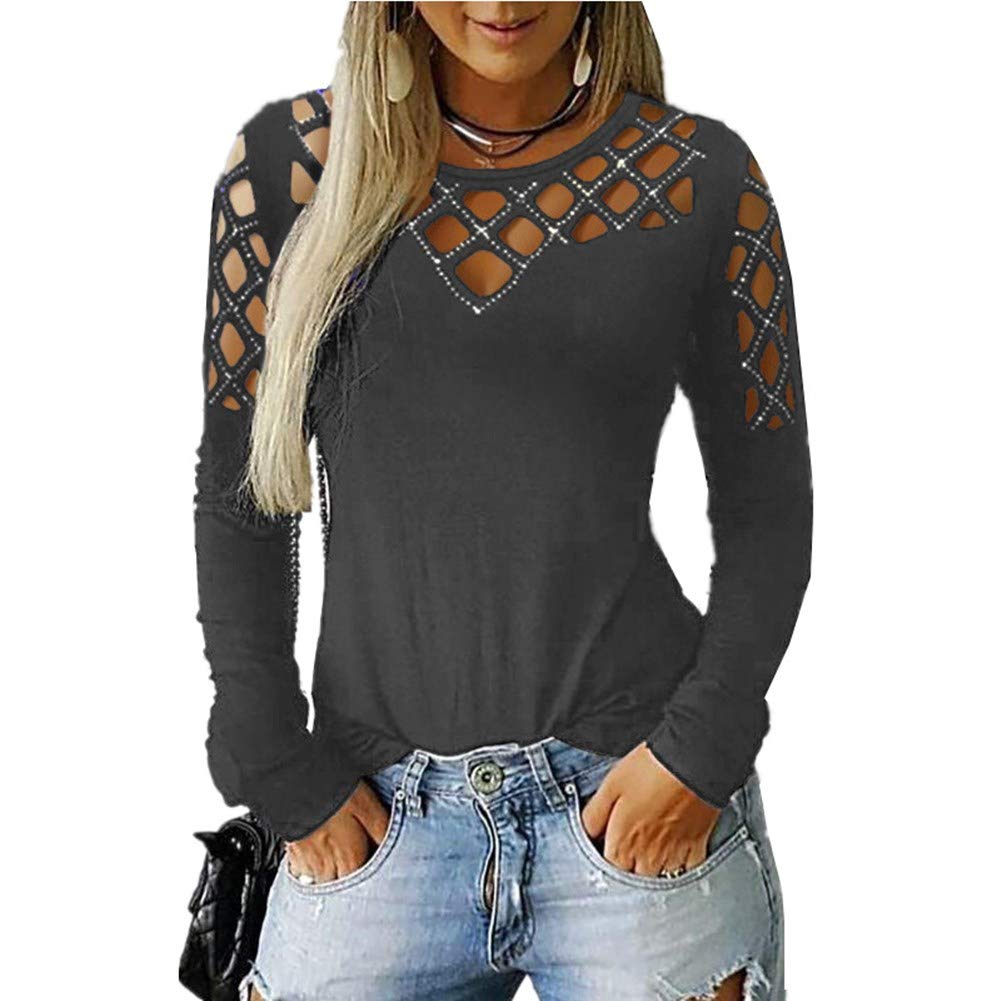 JOSUSY Womens Long Sleeve Solid Cut Out Rhinestone Crewneck Pullover Tops Shirts Sweatshirts