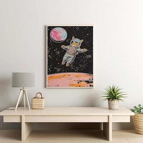 Miniatura 2 de IZTAWEY Lienzo retro para pared, póster de los años 80, diseño de gato espacial, gato, arte en lienzo, decoración de pared, impresión de pared,