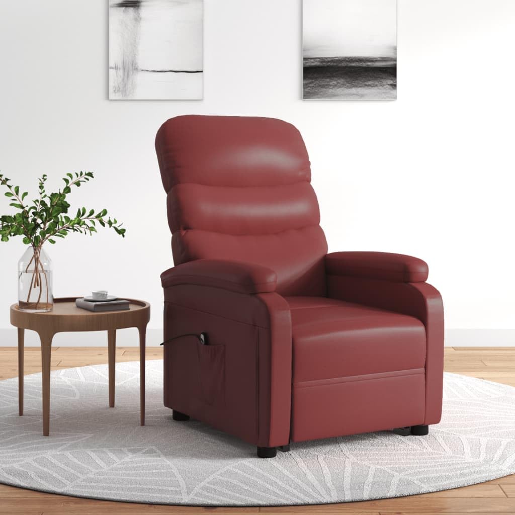 Poltrona rialzata in ecopelle rosso vino con aiuto per alzarsi, funzione relax, telecomando, poltroncina imbottita, per soggiorno, 74 x 90,5 x 100 cm
