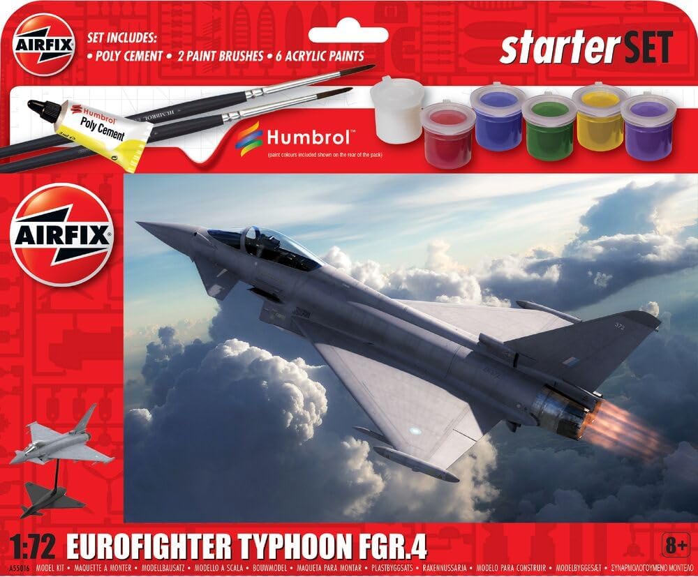 AIRFIX - Starter Set - A55016 Eurofighter Typhoon FGR.4 Model Building Kit - Plastic Model Plane Kits for Adults & Children 8+, Set Includes Decals, Paints, Brushes & Poly Cement - 1:72 Scale