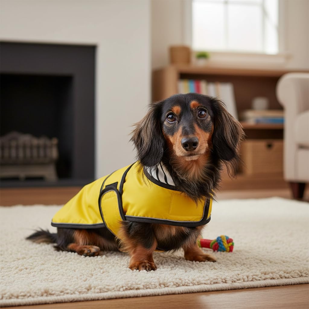 MOREZI Impermeable Elegante para Perros. Impermeable y Resistente a la Lluvia. con Bandas Reflectantes y Correas Ajustables. Adecuado para Perros salchichetes-Amarillo-S