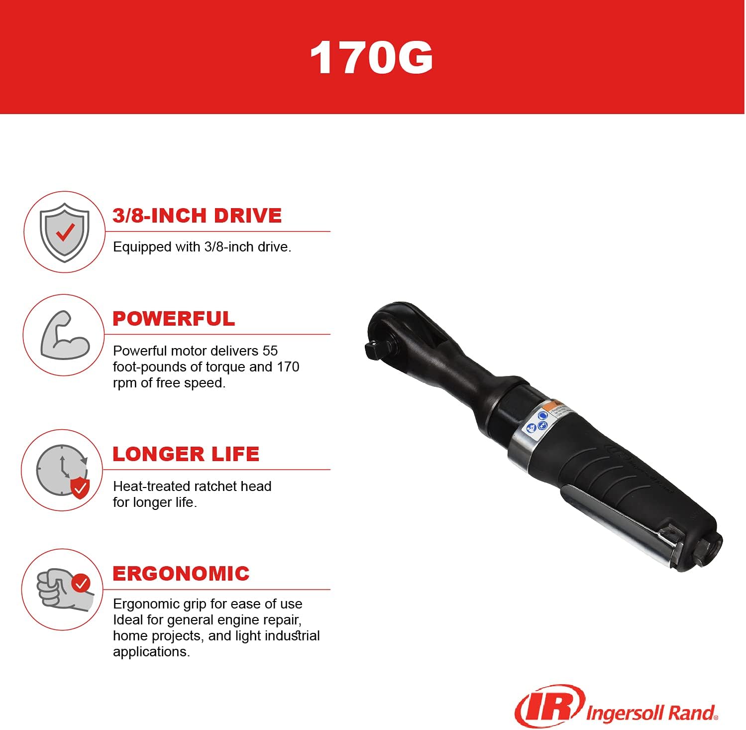 Hot Deals Ingersoll Rand 170G Edge Series 3/8” Drive Air Ratchet Wrench, 55 ft lbs Max Torque Output, 170 RPM, Comfort Grip, Lightweight, Compact, Black