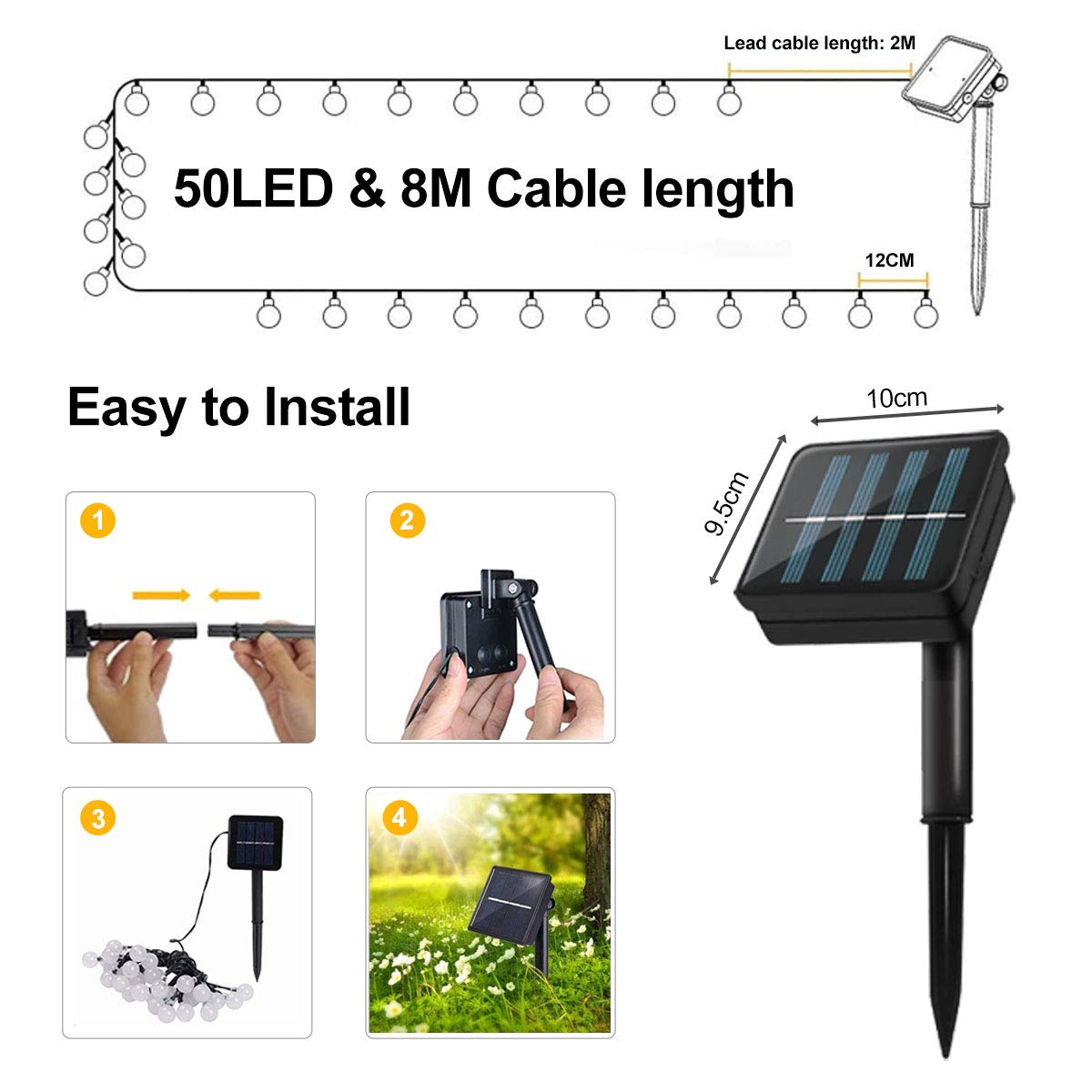 ANSGEC Catena Luminosa Esterno Solare, 8M 50 LEDs Luci USB Ricaricabile 8 Modalità, Impermeabile IP65 Natale per Giardino, Patio, Recinzione, Festa