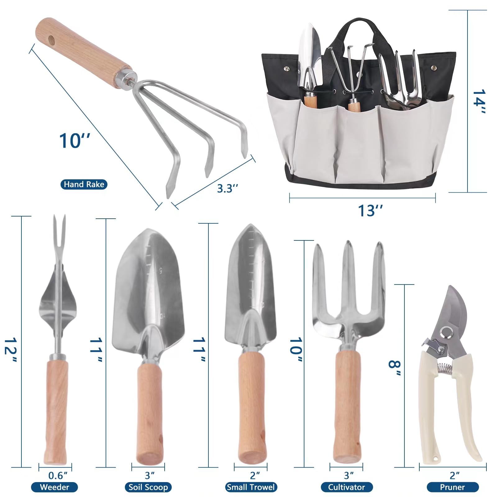 Juego de herramientas de jardín, kit de jardinería resistente de acero inoxidable, con bolsa de herramientas de jardín de gran capacidad, herramientas de mano para exteriores, kit de herramientas de