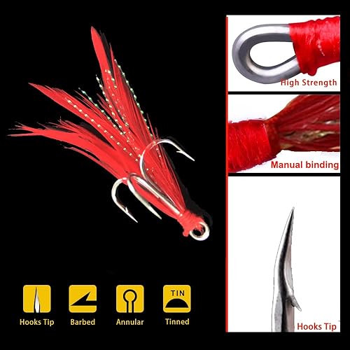 Miniatura 3 de FANGBLUE 20 anzuelos de pesca agudos con pluma tamaño de acero inoxidable con púas afiladas triple anzuelo con caja para agua salada y agua dulce