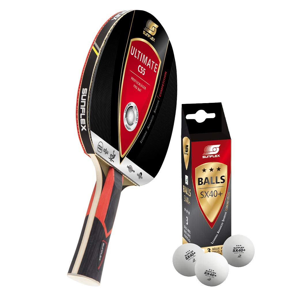 Sunflex® Ultimate C55 Tischtennisschläger | Tischtennis Racket TT Bat mehrfarbiger Profischläger | ITTF zertifizierter Mogul Belag | konkave Griffform | vielfältiges Spiel