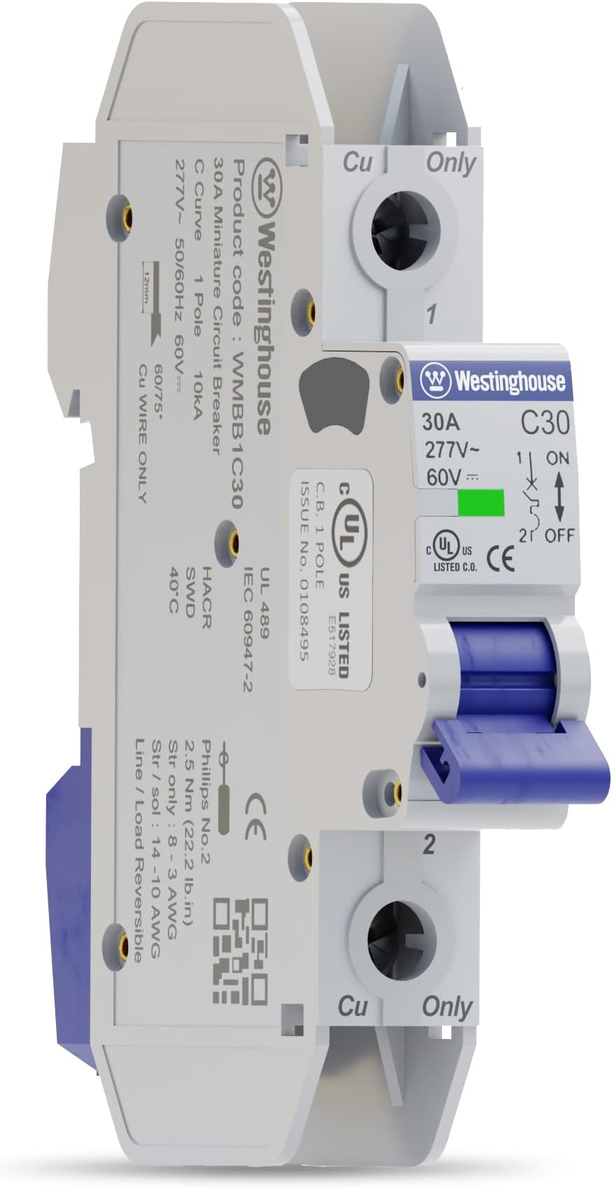 Westinghouse UL 489 AC Miniature Circuit Breaker, 30 Amp, Single Pole, C Curve, 10kA, 277V AC, 60V DC, Non-Polarized, UL Listed, DIN Rail Breaker with Thermal Magnetic Trip