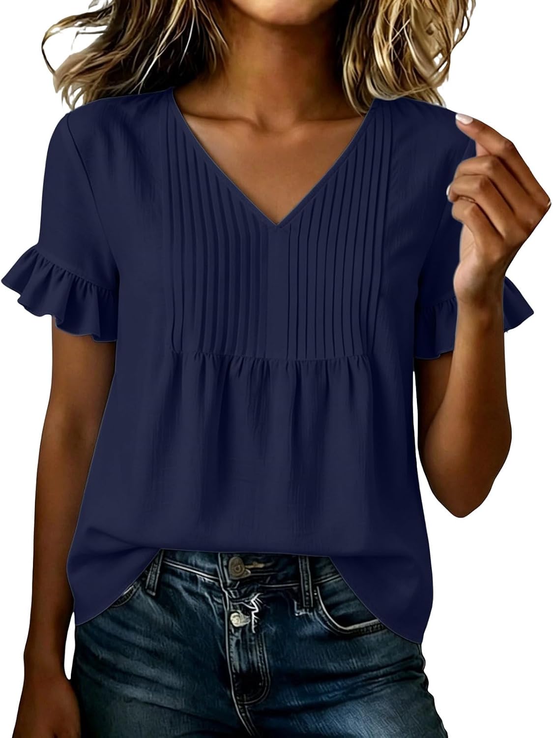 Ruffle Short Sleeve Top for Women V Neck Loose Fit Pleated Tunic Shirts Lightweight Summer Casual Comfy Blouses