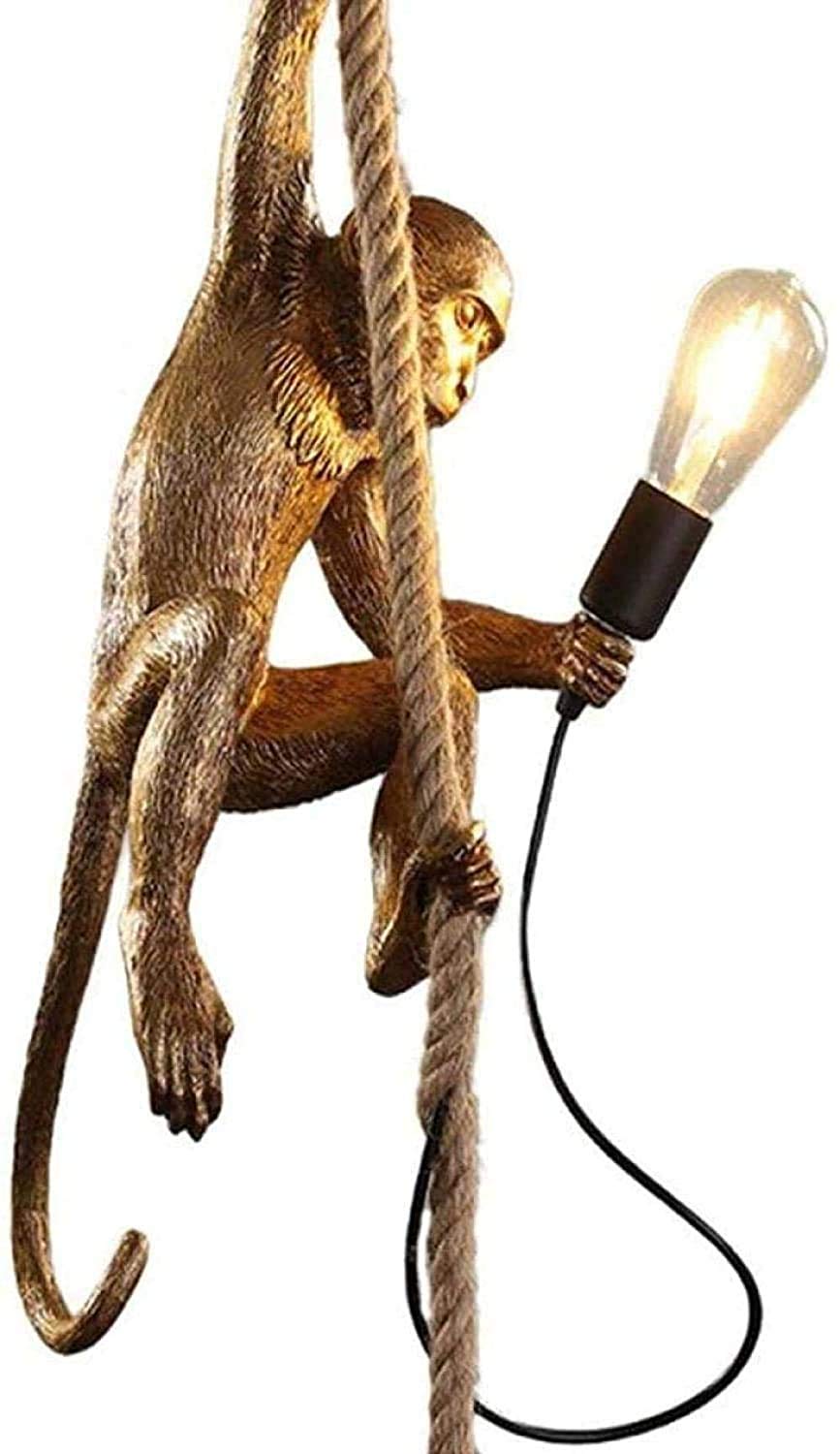 DIY Vintage Monkey Bar Pendant Lamp Chandelier Creative Hemp Rope Cartoons Animal Shape E27 Decorative Indoor Ceiling Light Kitchen Bedside Bedroom Bar Coffee Loft Bar Hanging Lamp (Golden,chandelier)