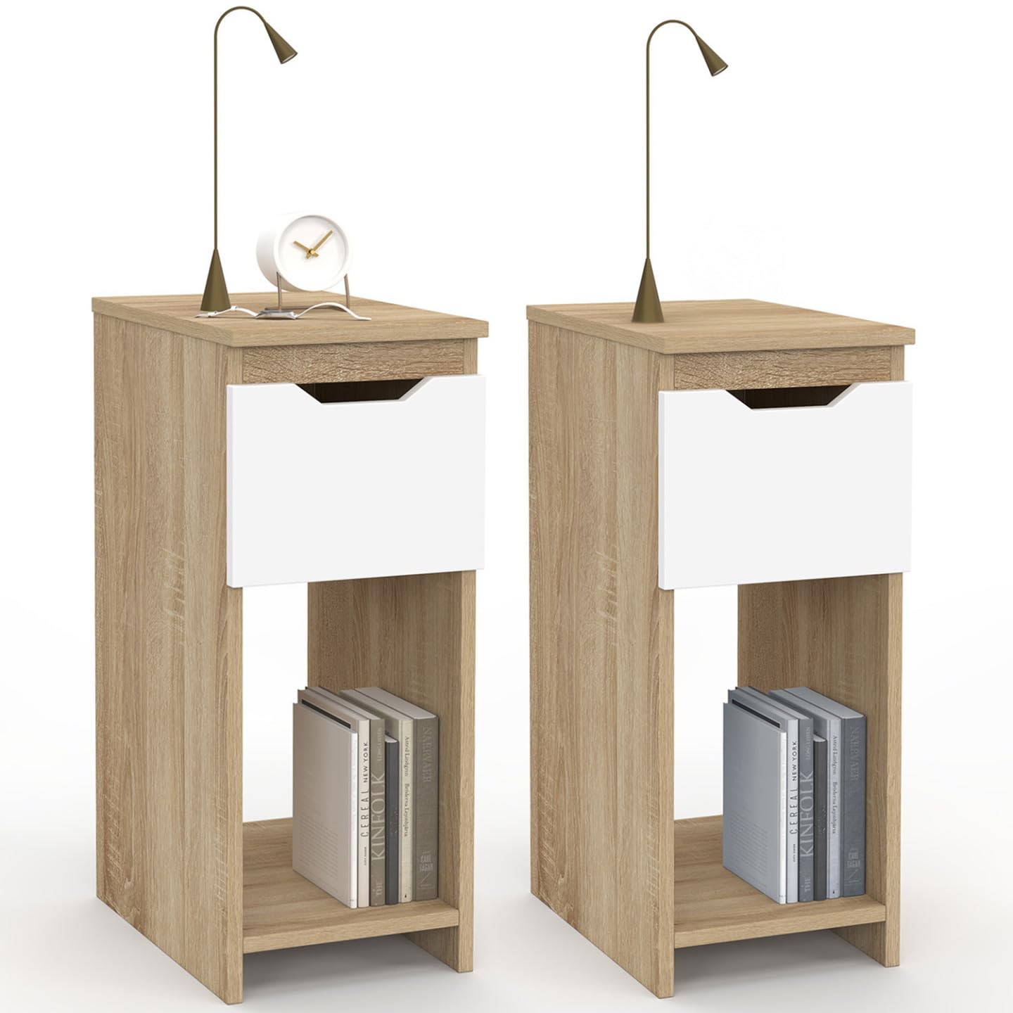 IDMarket - Lot de 2 Tables de Chevet étroites Anouk 1 tiroir avec Niche Bois façon hêtre et Blanc