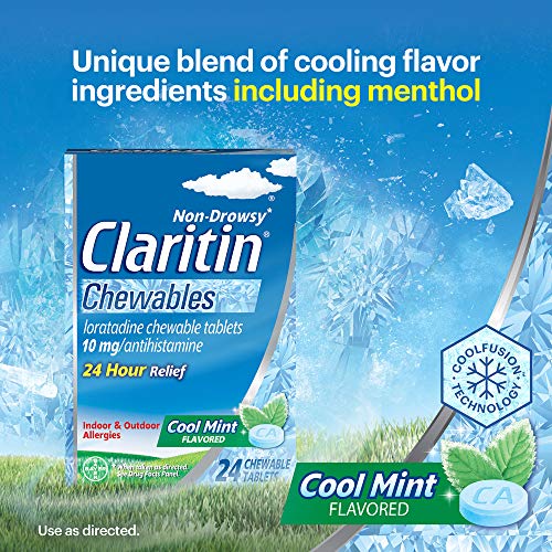 Claritin 24 Hour Chewable Allergy Relief, Non-Drowsy Allergy Medicine, Loratadine Antihistamine, Cool Mint Flavored Tablets, 24 Count
