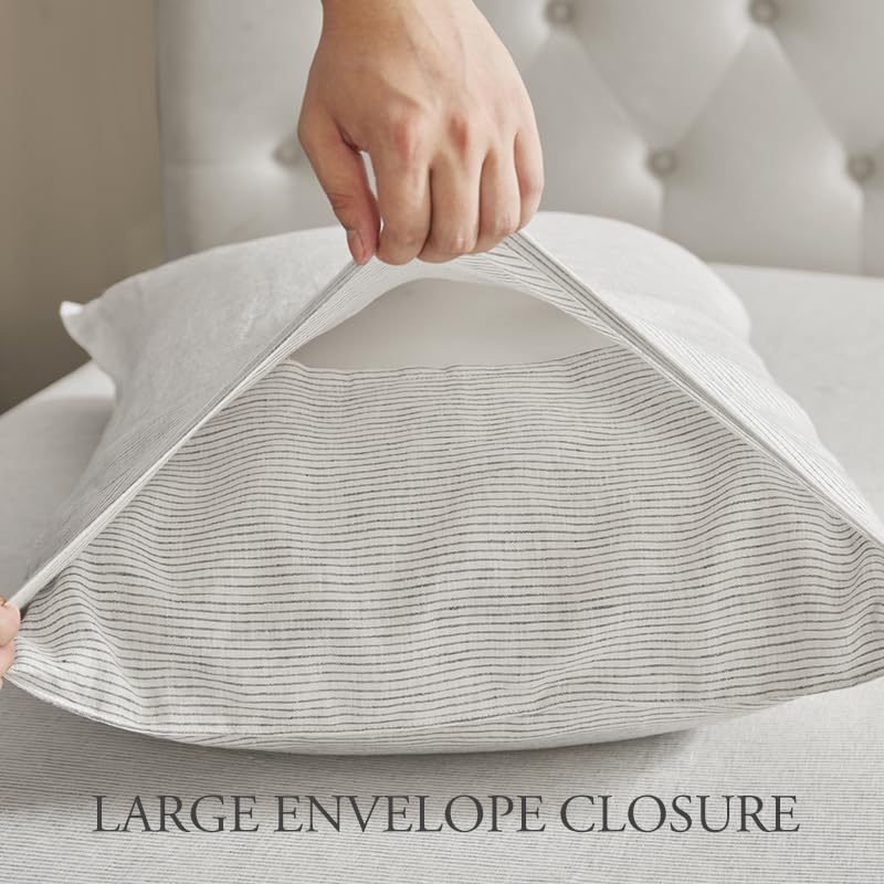 DAPU Linen Sheets King,Yarn Dyed Striped Pattern 100% Washed Linen Bedding with Envelope Closure,4PCs Soft Linen Sheets Set,Thin Stripe Weaved Pattern in Off-White & Grey,King Size