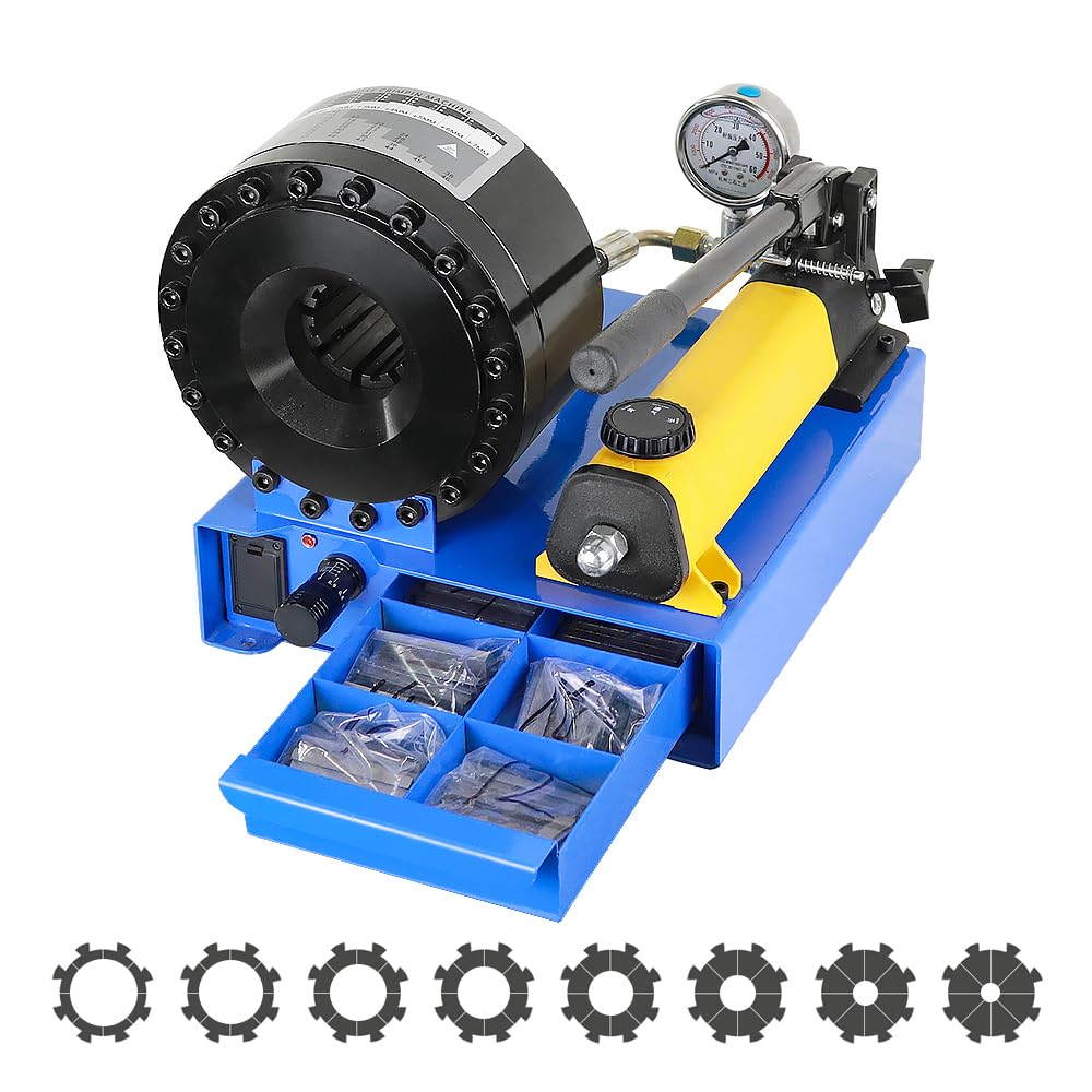 Hose Crimper Mchine with 8 Sets of Dies Manually Hydraulic Crimping Machine Hose Crimping Tool, Crimps Single And Double Braided Hose Assemblies With