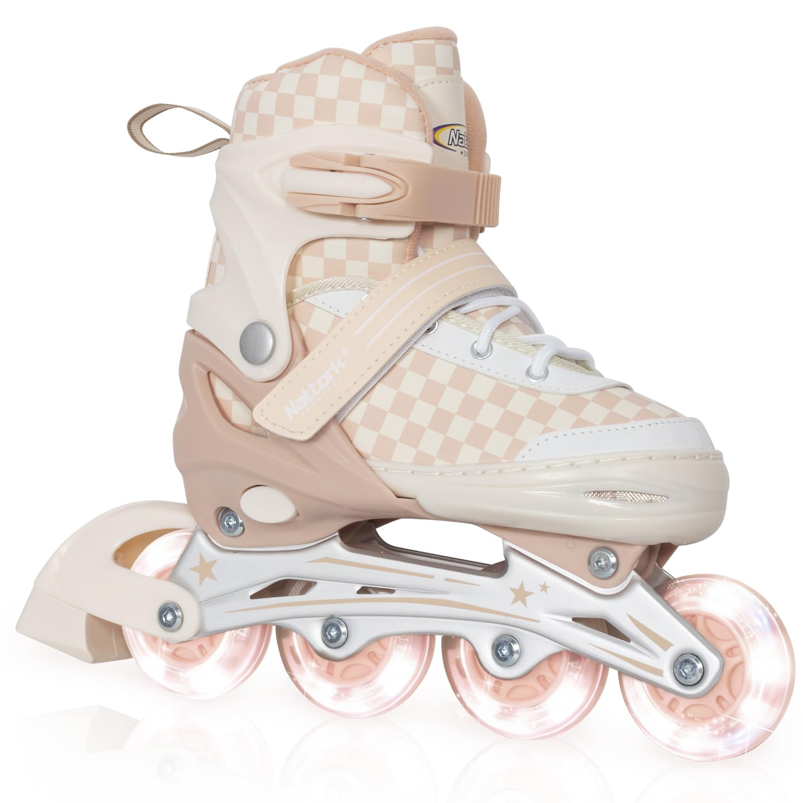 Nattork Adjustable Inline Skates for Kids Teens, Illuminating Wheels Blades Roller Skates with Checkerboard Design for Boys Girls Khaki Size 10 13