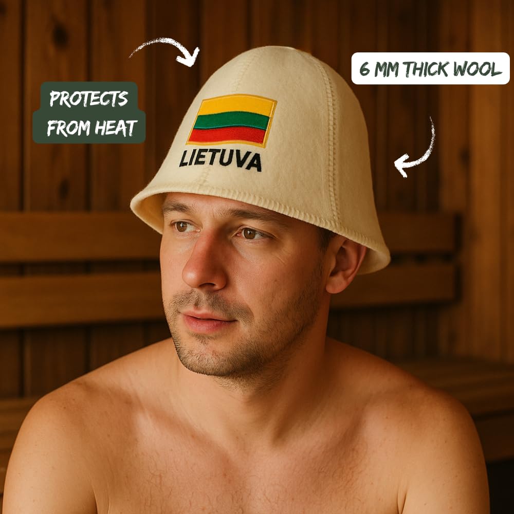 Naturalna czapka do sauny "Litwa", biała, 100% wełna organiczna, filcowa czapka do sauny dla mężczyzn i kobiet, do rosyjskiej banii, chroni głowę przed wysoką temperaturą, w zestawie e-book