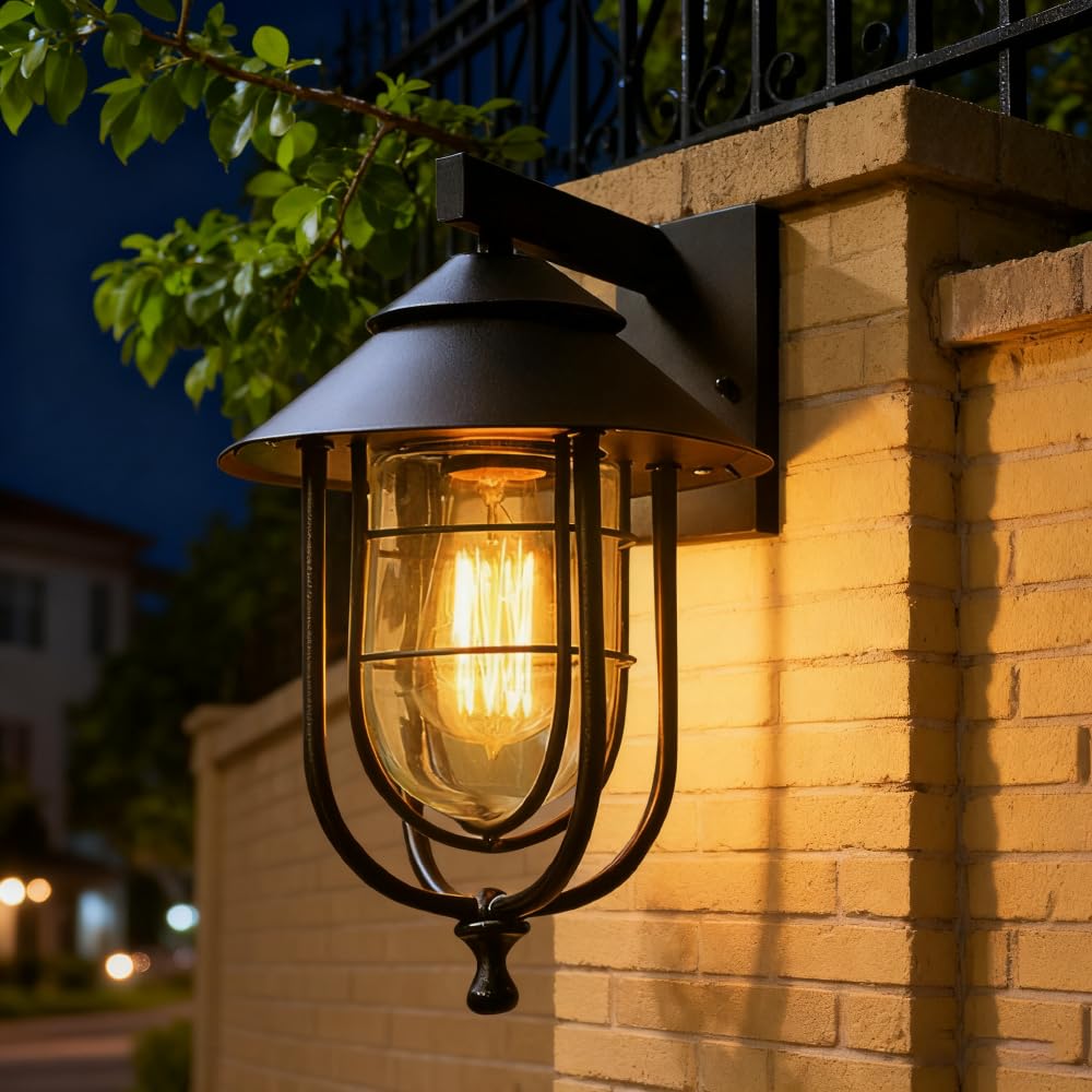 YHYAI Vintage Industrial Style Outdoor Wall Sconce with Black Metal Cage, E27 Edison Bulb, and Waterproof Retro Wall Sconce for Porches, Patios, Gardens, and Garages (BD-04)