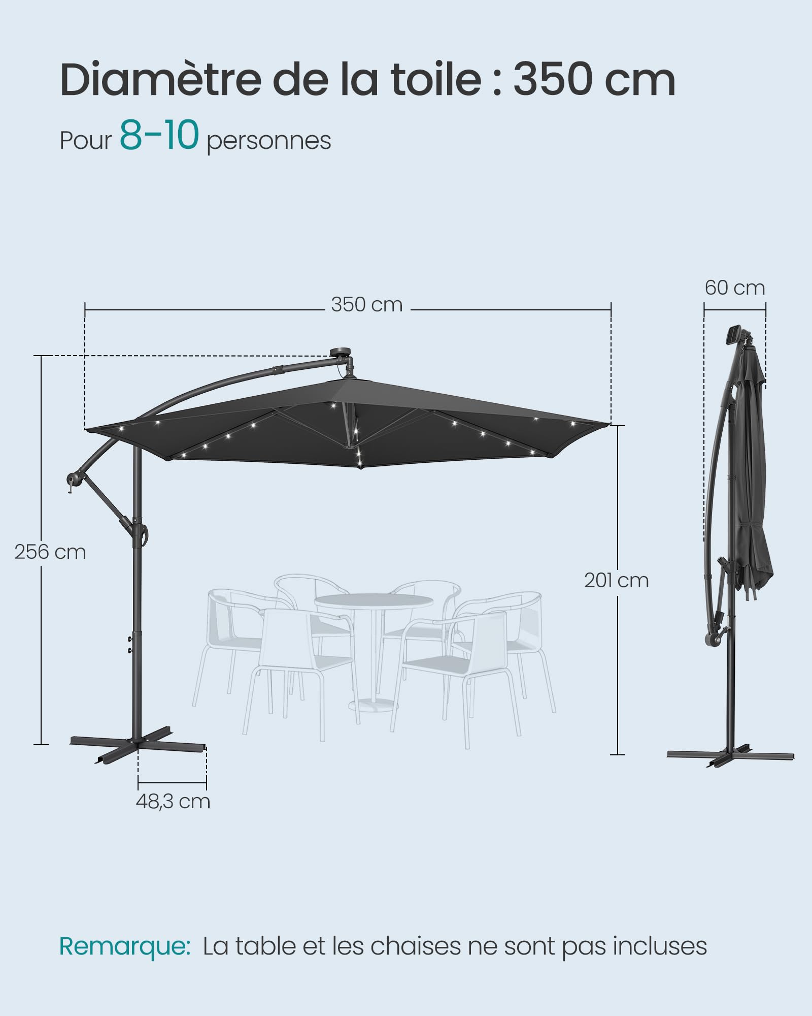 SONGMICS Parasol Déporté avec 32 LED, Socle en Croix, Ombrelle, Protection UPF 50+, Manivelle d'Ouverture et de Fermeture, Jardin, Terrasse, Piscine, Plage