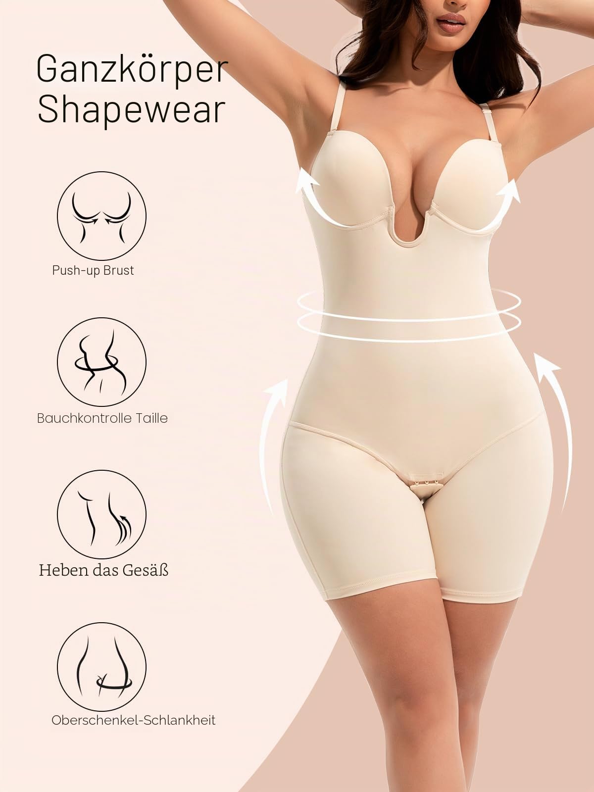 Slimers Rückenfreie Damen-Formwäsche zur Bauchkontrolle: Shapewear-Body mit tiefem Rücken, schlankmachender eingebauter BH, Ganzkörperformer