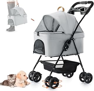 LPOTIUS 3-in-1 Pet Stroller for Small Dogs & Cats - Lightweight Folding Stroller with Detachable Carrier, Cup Holder, Storage Basket