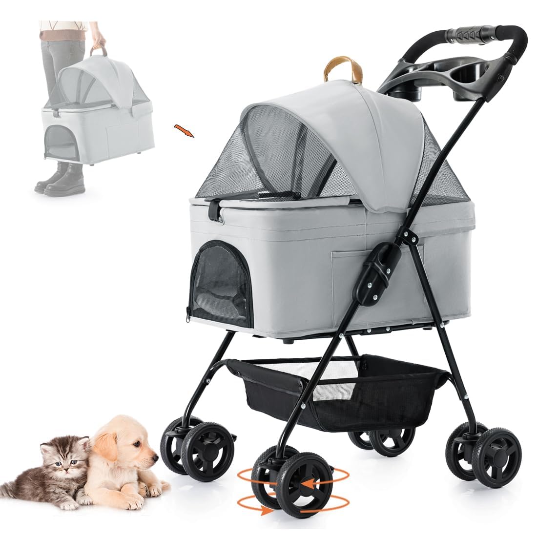 LPOTIUS 3-in-1 Pet Stroller for Small Dogs & Cats - Lightweight Folding Stroller with Detachable Carrier, Cup Holder, Storage Basket