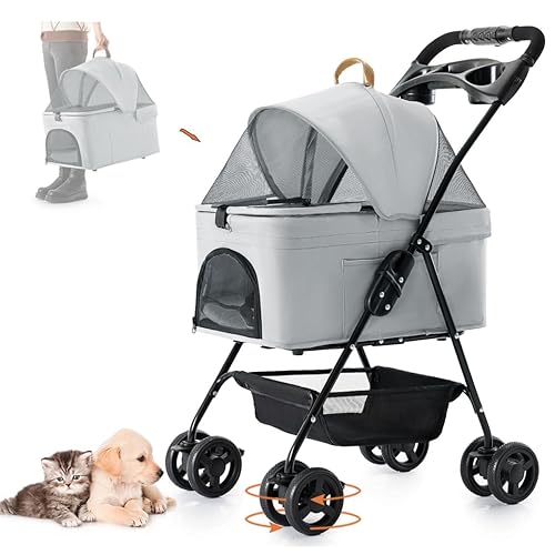 Cochecito para mascotas 3 en 1 para perros pequeños y gatos, cochecito plegable y ligero para perros con transportador desmontable, portátil, para
