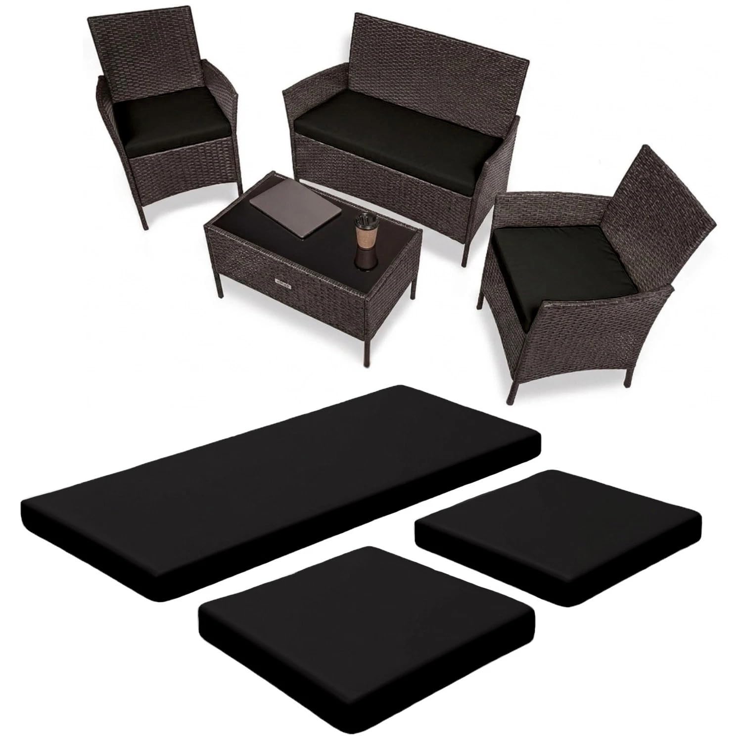 KOZZE FAB 3-Piece Replacement Cushion Set for Rattan Chairs & Sofa | Comfortable Padded Patio Cushions | Indoor & Outdoor Garden Furniture Seat | Water-Resistant & Durable Covers (Black)
