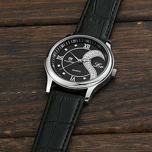 Juego de 2 relojes de pulsera analógicos de cuarzo para hombre y mujer de San Valentín, para amantes, Cuero negro 3