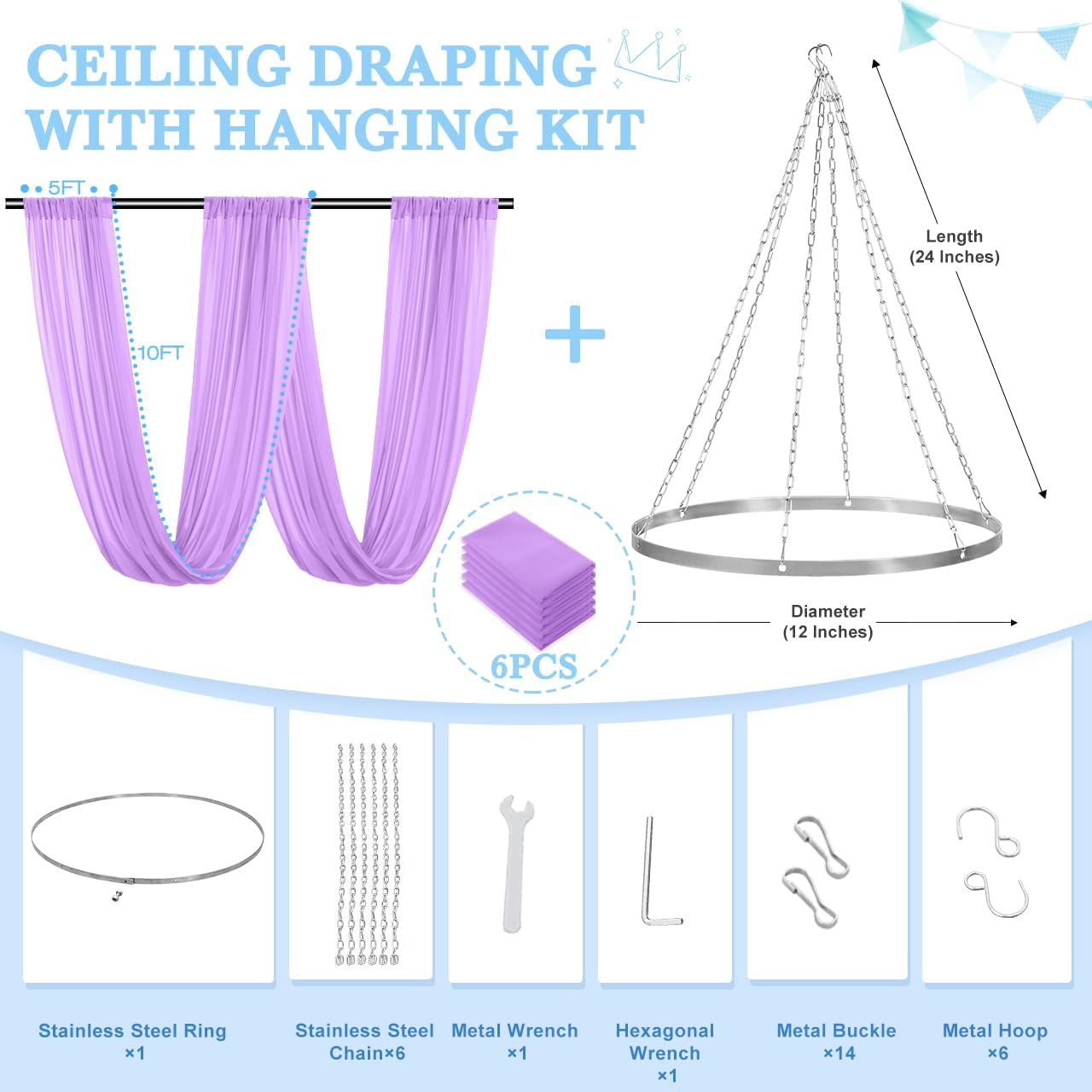 Ceiling Drapes Hanging Kit with Chiffon Wedding Ceiling Drapes Lavender Arch Draping Fabric Sheer Chiffon Wedding Drapery Ceiling Curtains and Metal Ceiling Hoop Hardware Kit for Ceremony Party Decor