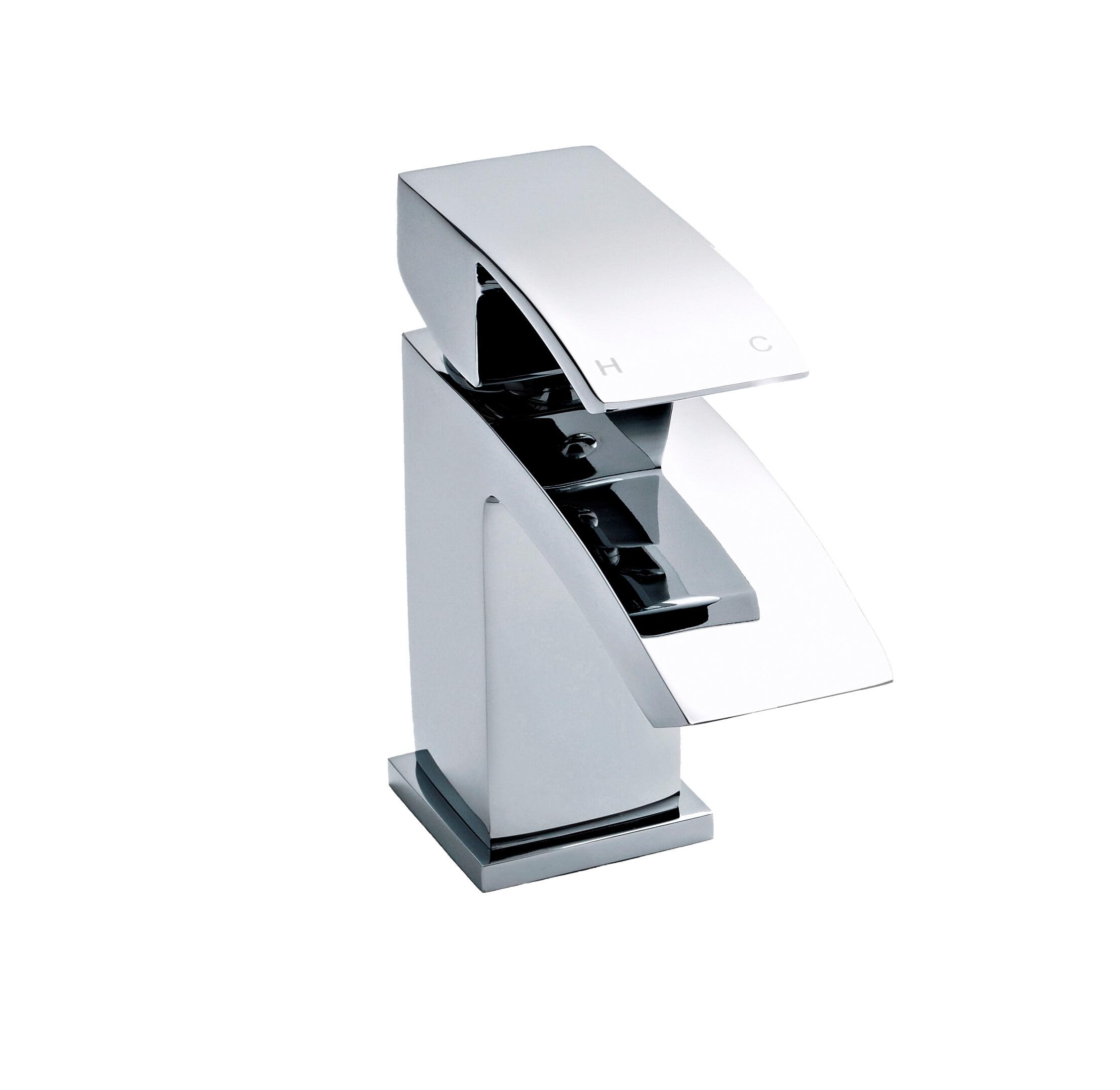 Balterley Bathroom Sink Taps, Mono Basin Mixer Tap with Push Button Waste, Single Lever Temperature Control Bathroom Tap, Square Body, Flat Square Curve Down Spout Taps - 48 x 131 x 137mm (Chrome)