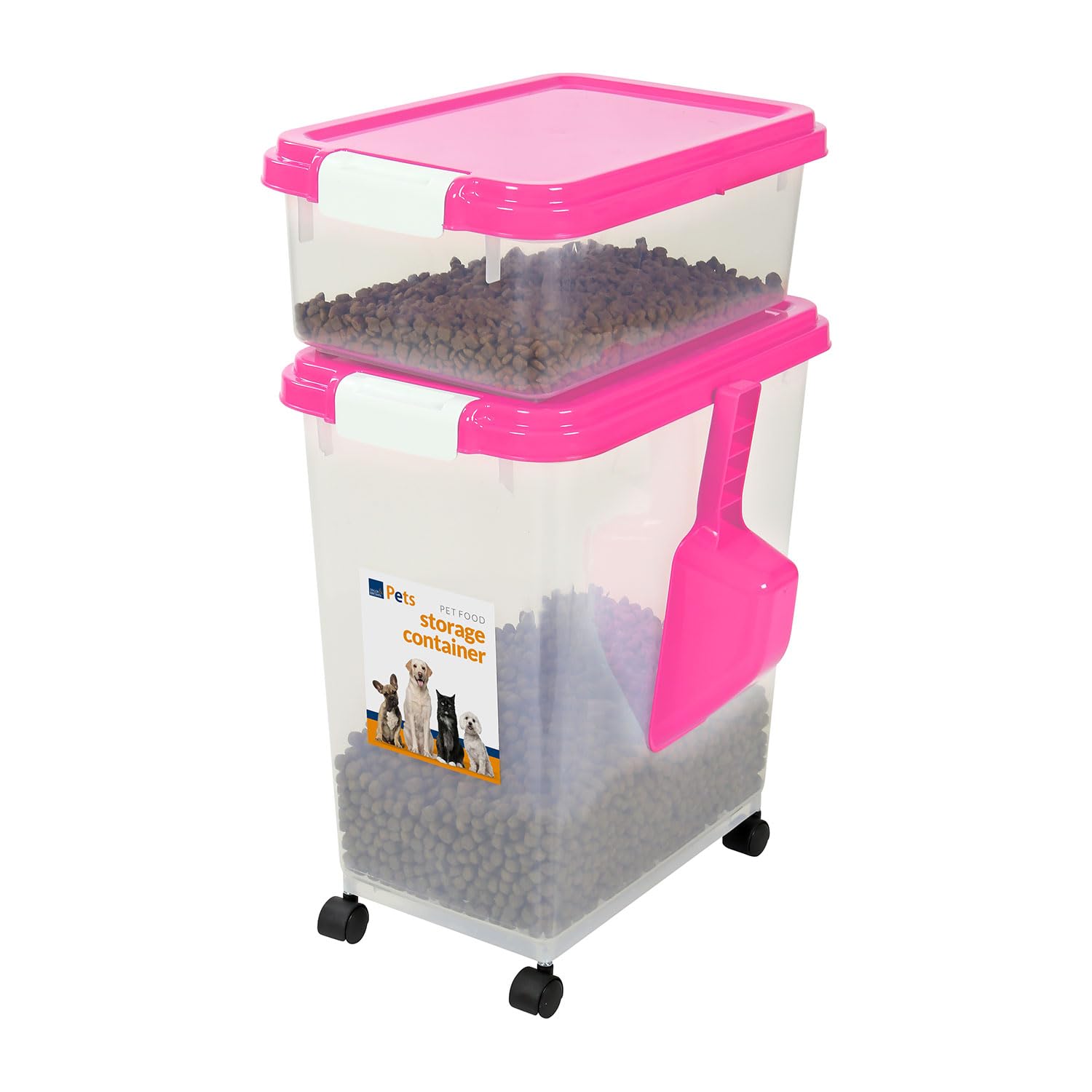 Taylor & Brown 3-Piece Airtight Pet Food Storage Container With Plastic Measuring Scoop Treats For Pet Dog Cat Animal Dry Food Dispenser With Casters, Pink