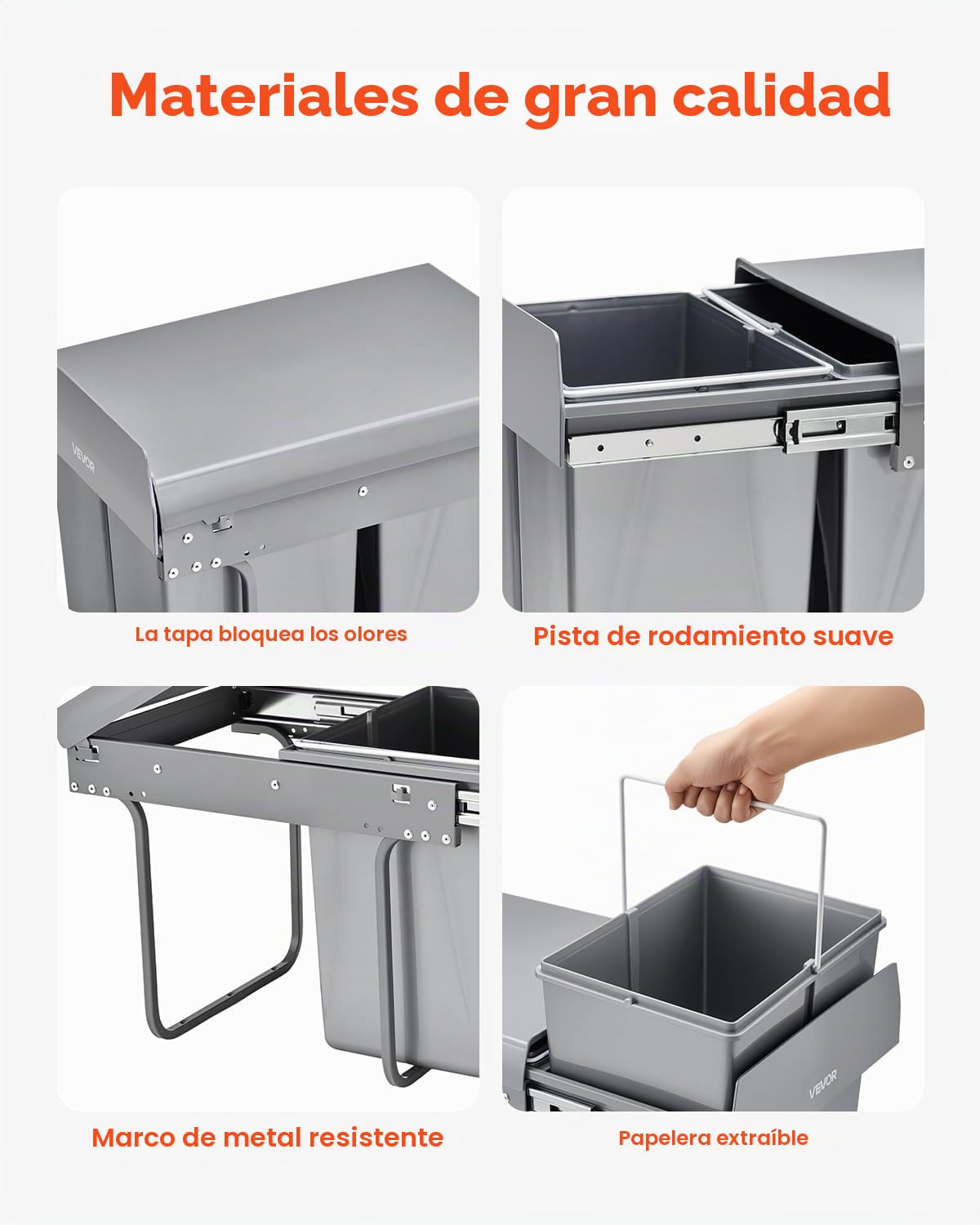 VEVOR Cubo de Basura Extraíble a Armarios de Cocina, 20 L x 2, para Debajo del Fregadero, Bajo Encimera, con Sistema Deslizante de Extensión Completa de Metal Resistente y Asa, 492 x 340 x 430 mm