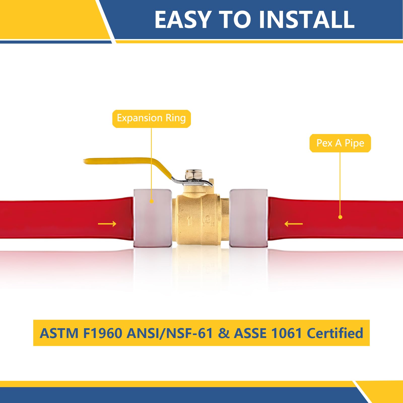 Paquete de 5 válvulas de bola de expansión PEX-A de 1 pulgada, válvulas de bola de latón de cierre completo para tubo PEX-A (ASTM 1960, mango amarillo)