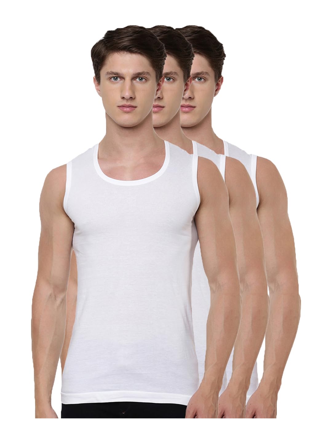 Pack of 3 Men's White Scoop Neck Sleeveless Cotton Undershirt Vest (White;90)