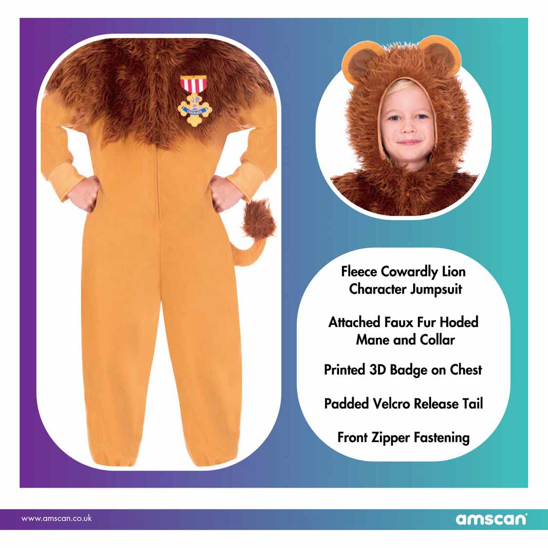 amscan Child Boys Official Licensed Warner Bros Wizard of Oz Lion Fancy Dress Costume