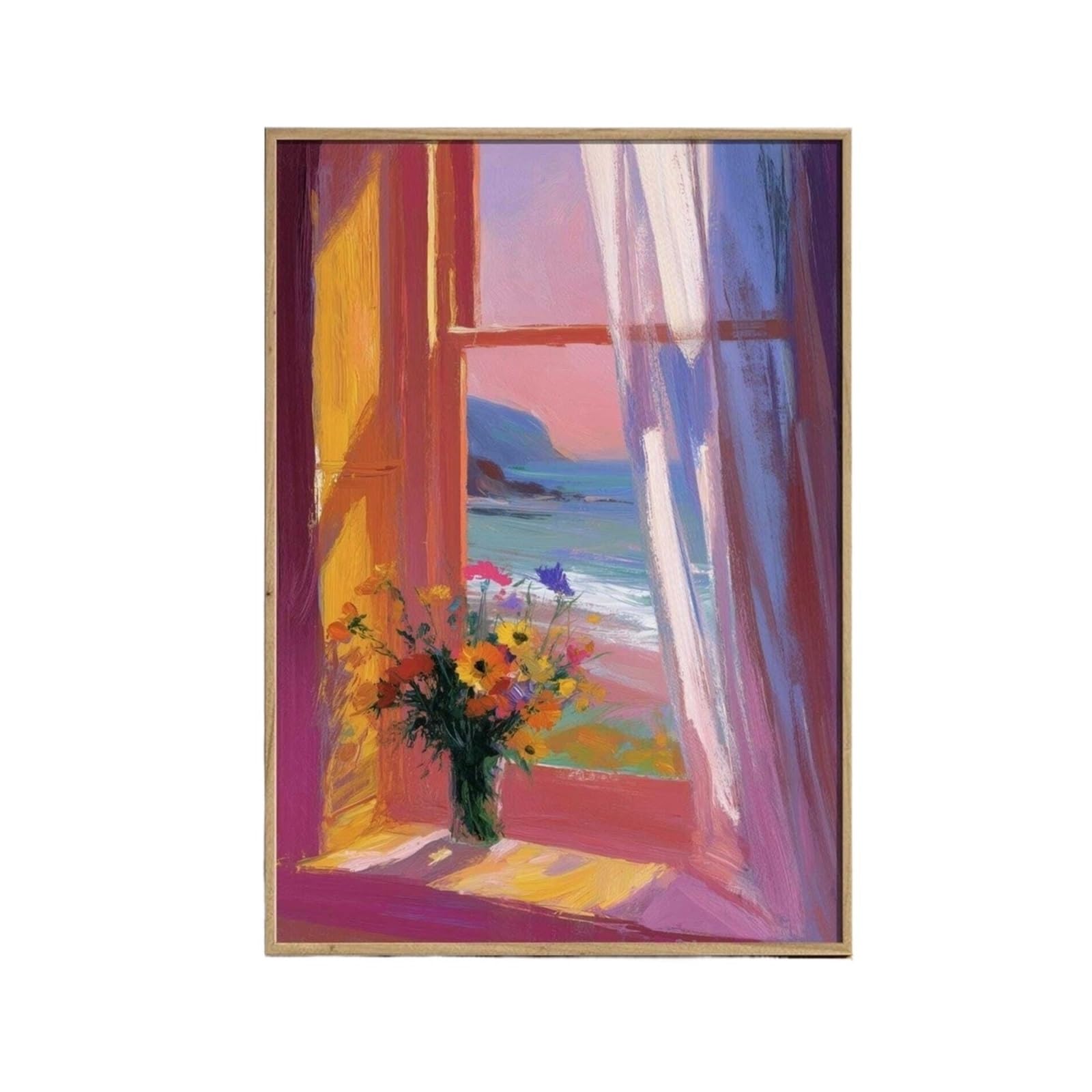 Graiting 1pc Open Window Print Style Fauvism Painting Exhibition Mediterranean Sea Orange Tree Coastal View Boats(DA171,30x45cm Unframe)