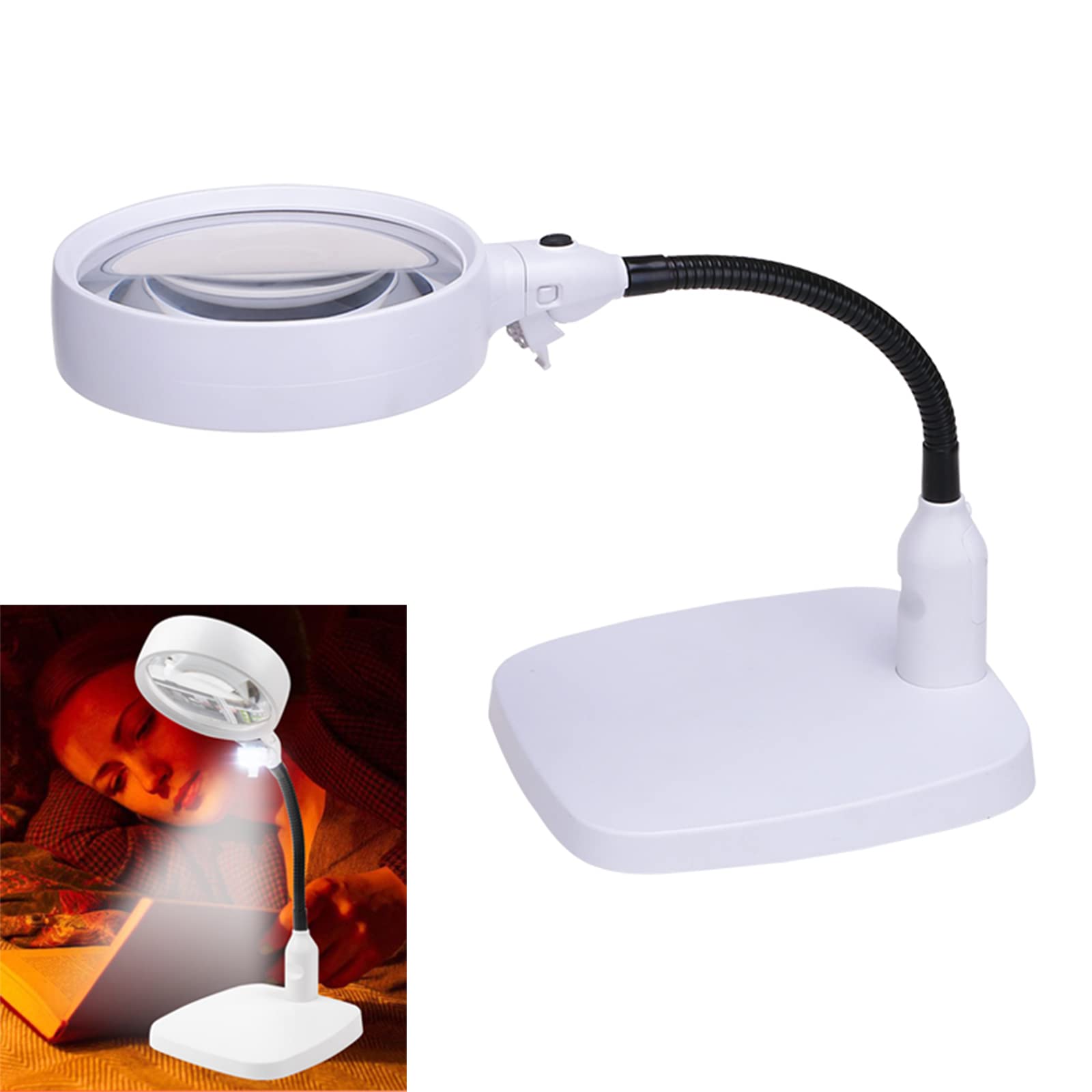 Lámpara de aumento de 10 aumentos con luz, lupa de escritorio manos libres con 6 luces LED y base resistente para leer, reparar, manualidades