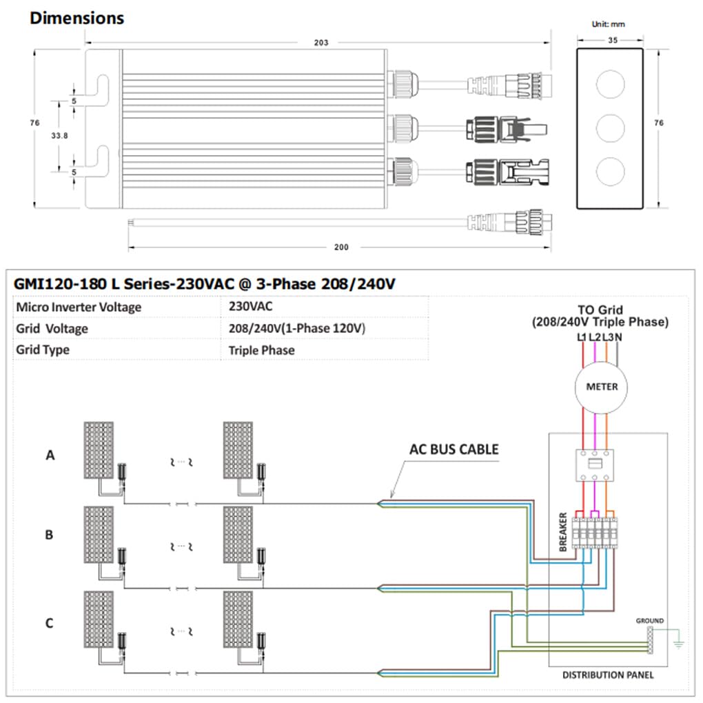 Inverter solare fotovoltaico con lunga durata di funzionamento silenzioso Capacità off-grid Collegamento alla rete Micro inverter su inverter di rete, GMI180L, 180 V-280 V CA, 10.8-30 V