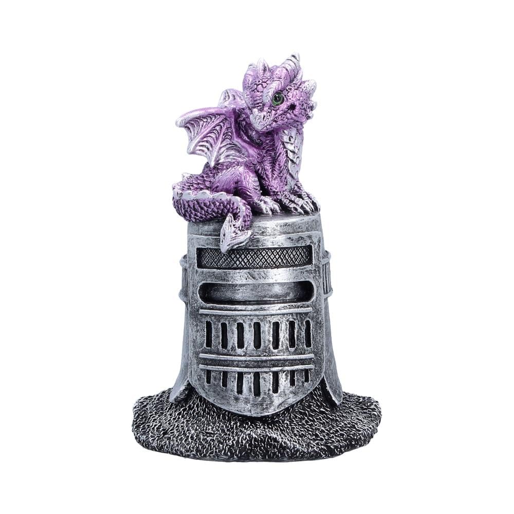 Hatchling Helm Dragon Figurine 13.2cm – Baby Dragon on Knight Helmet Fantasy Ornament (Purple)