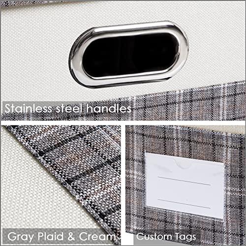 Image of PRANDOM Large Collapsible Storage Bins with Lids [3-Pack] Fabric Foldable Storage Boxes Organizer Containers Baskets Cube with Cover for Home Bedroom Closet Office Gray plaid & Cream(17.7x11.8x11.8)