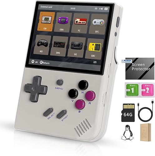 RG35XX Plus - Consola de juegos de mano retro de 3.5 pulgadas, pantalla IPS, sistema Linux, reproductor de video incorporado, tarjeta TF 64G, 5000