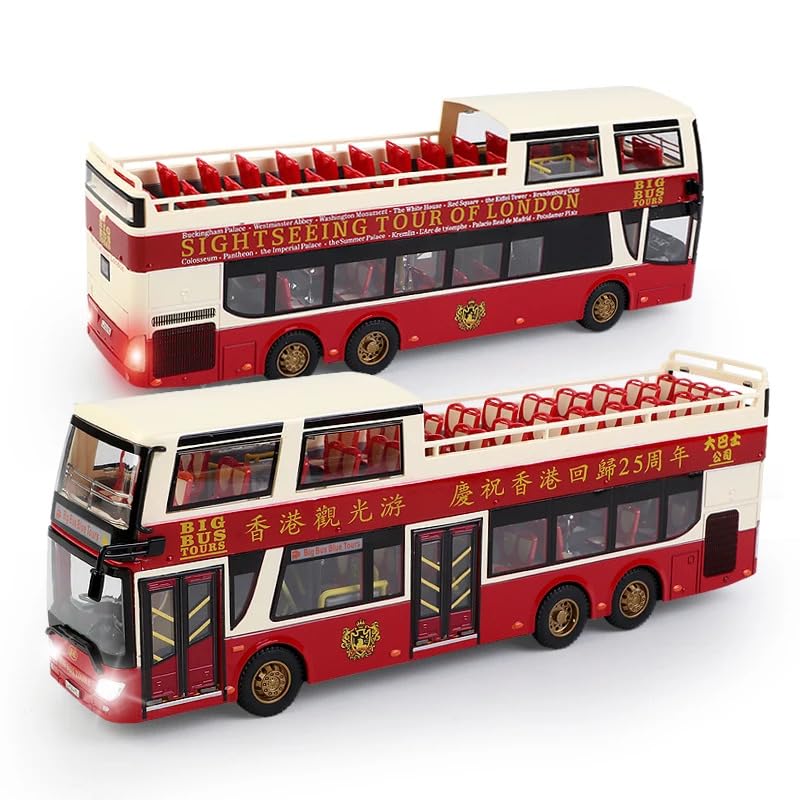 Pull Back Big Bus Tours with Music & Light Delivering Joys of Life Die Cast Metal Double Decker Bus with Openable Door Alloy abs Plastic Train Toy for Kids Best Gift